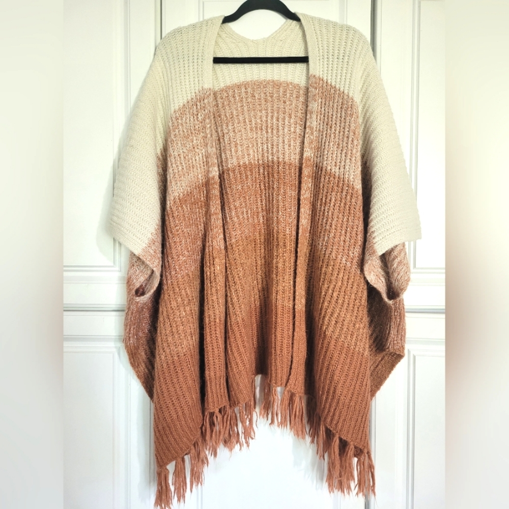 Cream and Coral Knit Fringe Cardigan, Poncho, Size Small